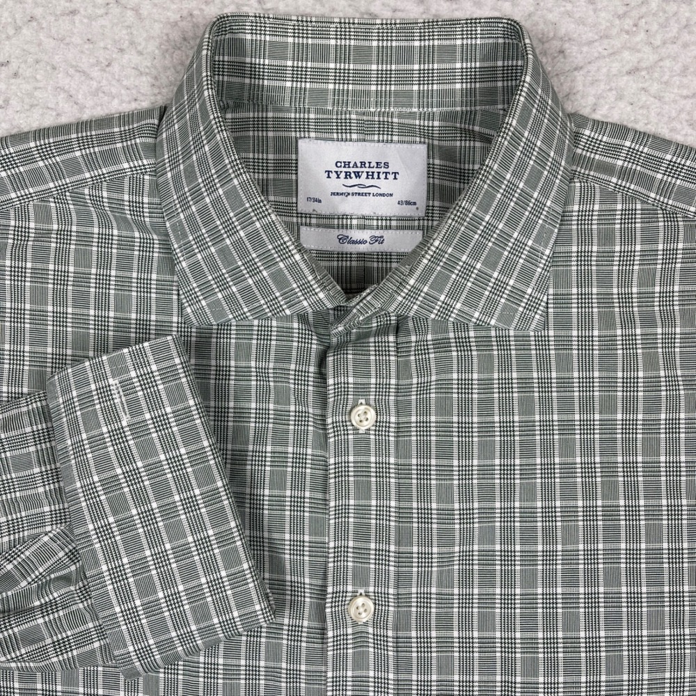 Charles Tyrwhitt Button Down Shirt Mens 17/34 Green White Glen Plaid Classic Fit